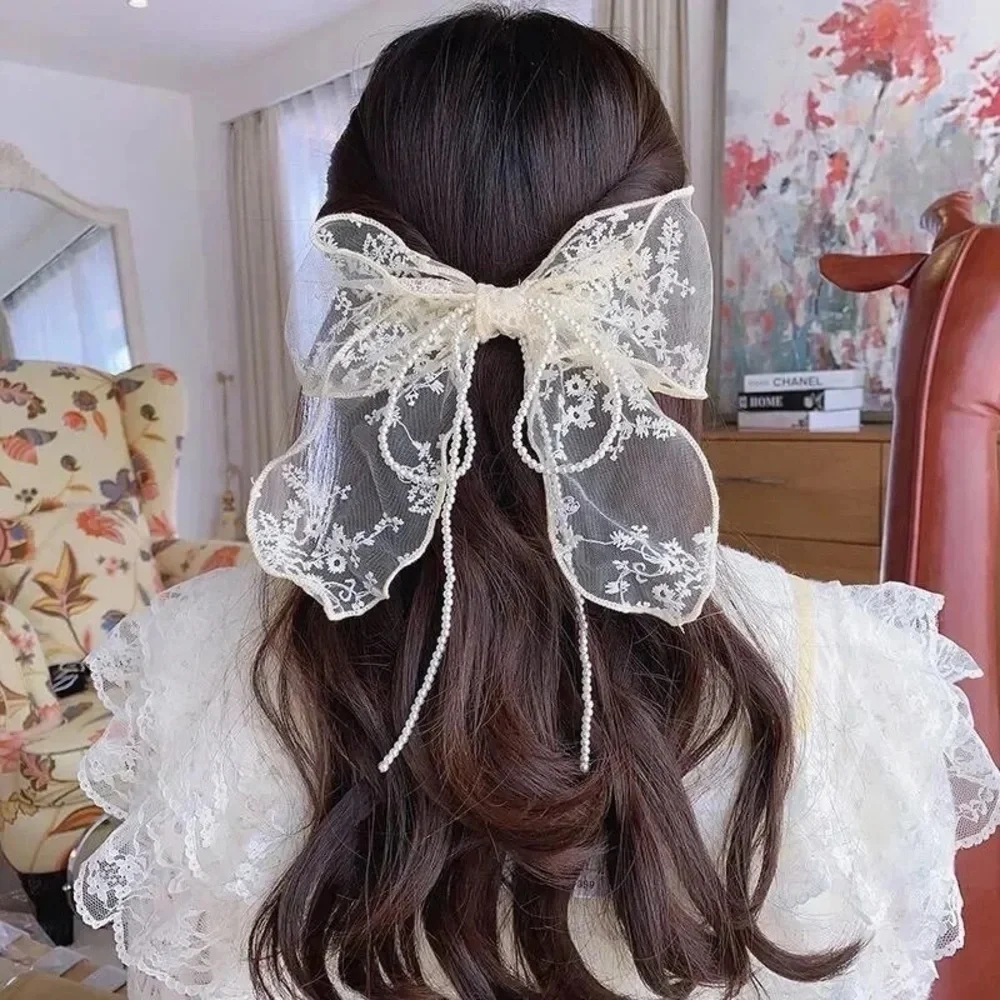 Black Lace & Pearl Bow French Barrette Hair Clip